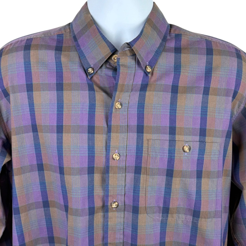 Cambridge Classics Men's Large Purple Brown Plaid Long Sleeve Button Down Shirt - Picture 2 of 8